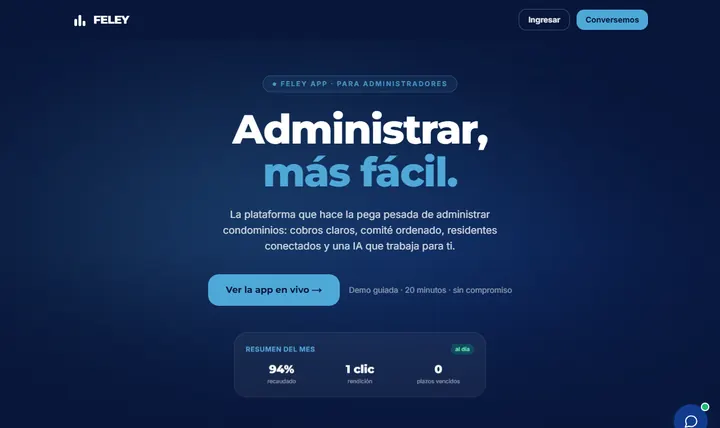 Portada de feleyapp.cl, el sitio de Feley App en producción (captura del 04-10-2026)