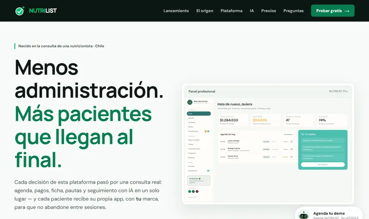 Portada de nutrilist.cl con el panel profesional de NUTRILIST (captura del 04-10-2026)